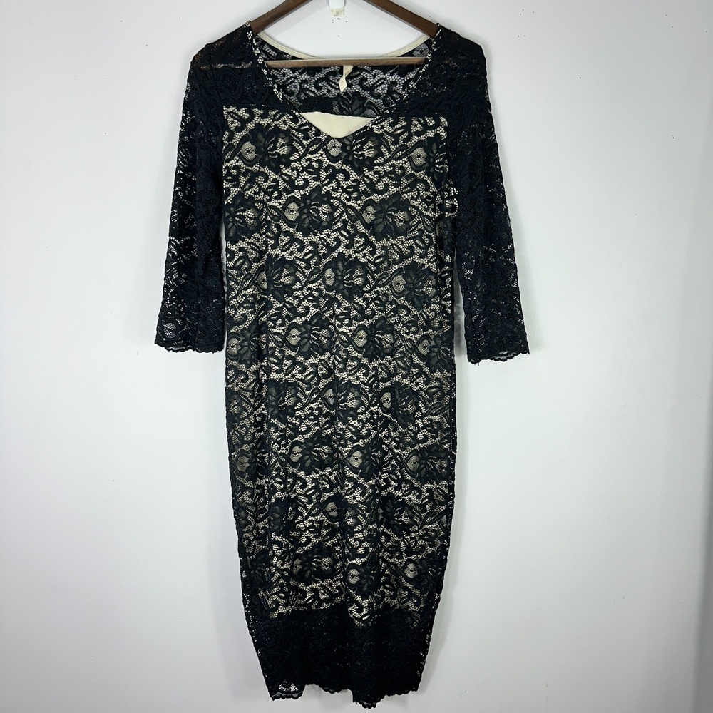 Hello Miz Lace Overlay Midi Dress Womens Large Black 3/4 Sleeve Bodycon Romantic